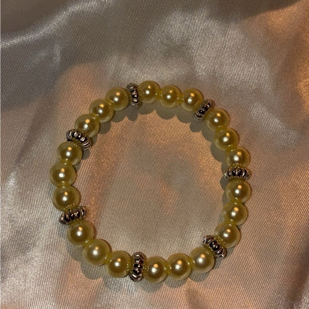 Yellow Pearl Stretch Bracelet with Silver Accents